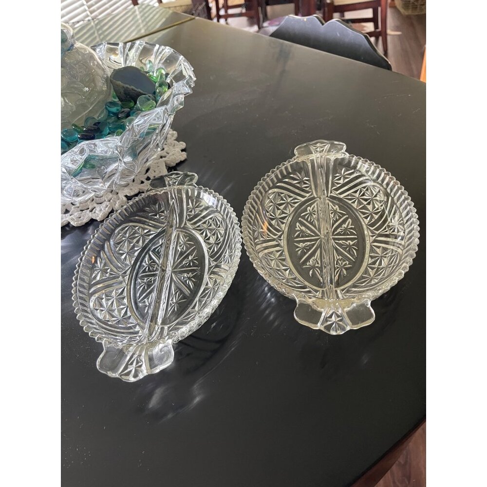 Relish Divided Glass Dishes Pressed  with Scalloped Rim Starbursts Two